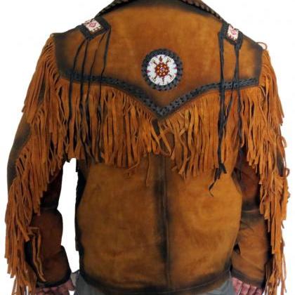 Handmade Men Western Native America Smoke Border Suede Leather Jacket ...
