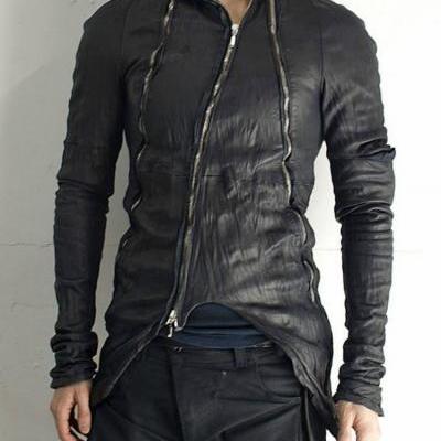Black obscur zippered washed custom made lamb leather jacket men's 2016