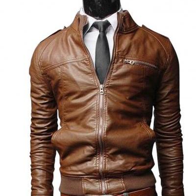 Brown Bomber Classic Slim Fit Original Leather Jacket Men's 2016