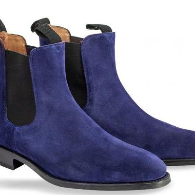 Chelsea Navy Blue Color Hand Made Suede Leather Boots Mens Blue Chelsea Boots 
