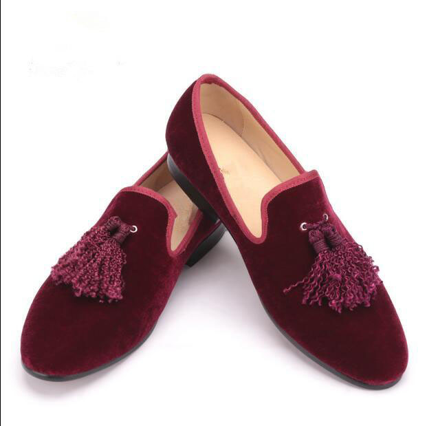 Handmade Mens Loafer Slip On Tussles Shoes Mens Burgundy Velvet Embroidery Formal Shoes On Luulla 4743