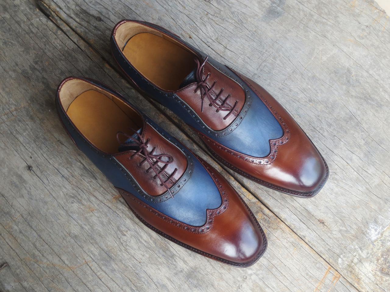 Handmade Men's Wing Tip Shoes, Brown Blue Leather Wing Tip Lace Up ...