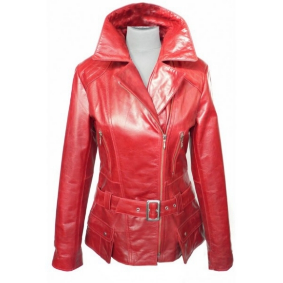 NEW BELTED RED RETRO ORIGINAL LEATHER JACKET WOMAN'S 2016 on Luulla