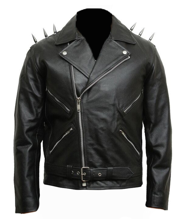 Mens Classic Leather Biker Jacket Black Studs On Shoulders For Mens on ...
