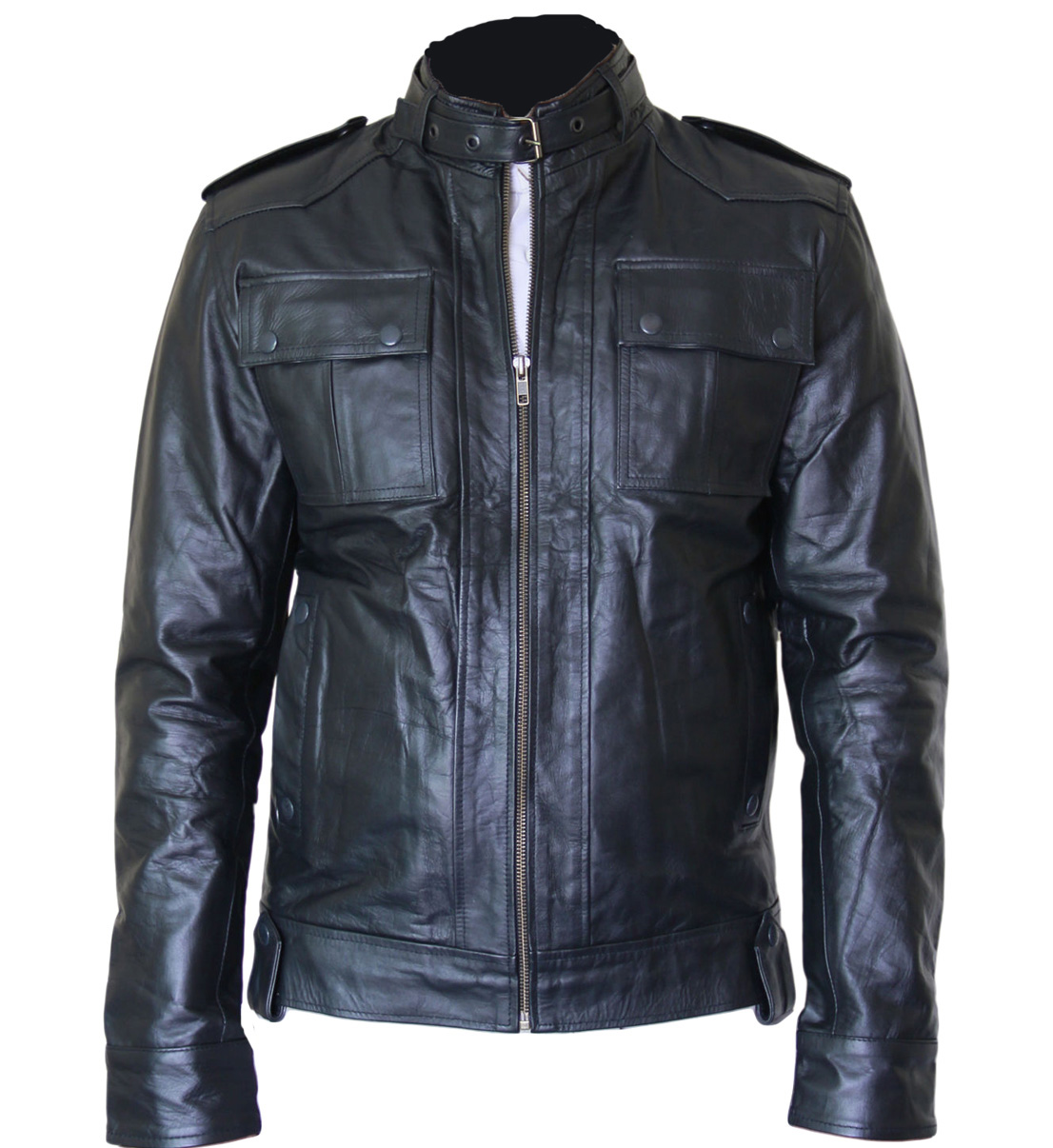 Black Leather Jacket Front Pocket Button Coloser on Luulla